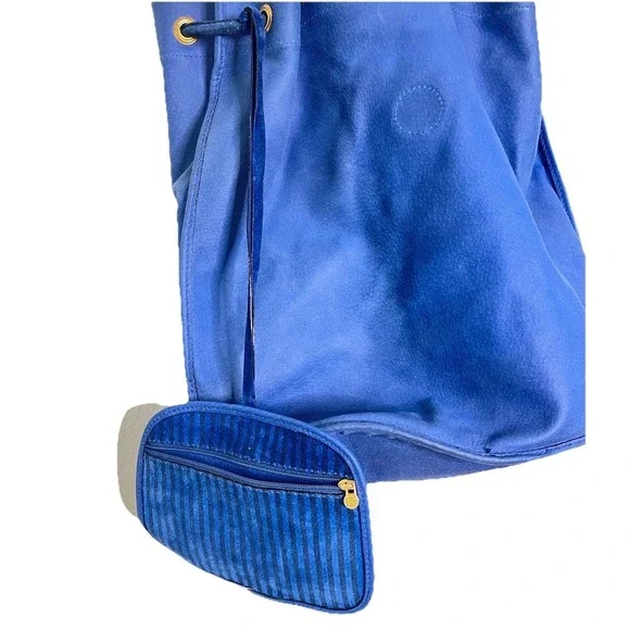 Vintage 80s FENDI Blue Drawstring Shoulder Bag Leather FF Logo - Picture 5 of 8